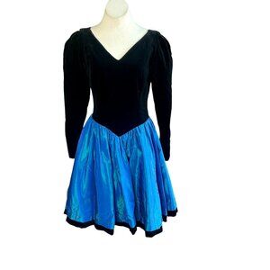 Laura Ashley Vintage 80s 90s Black Velvet Blue Taffeta Party Dress Size 14